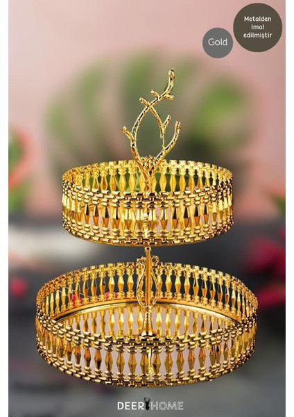 Iki Katlı Altın Renk Yuvarlak Kurabiye ve Ikramlık Sunum Tepsisi