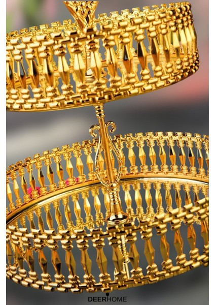 Iki Katlı Altın Renk Yuvarlak Kurabiye ve Ikramlık Sunum Tepsisi modelleri