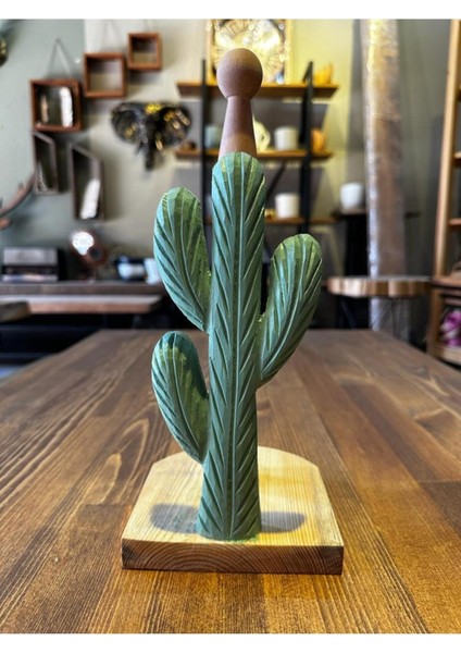 Kaktüs Desenli Yeşil Ahşap Peçetelik ve Rulo Havluluk, Şık ve Doğal Dekorasyon