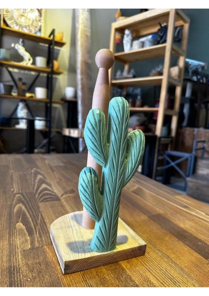 Kaktüs Desenli Yeşil Ahşap Peçetelik ve Rulo Havluluk, Şık ve Doğal Dekorasyon modelleri