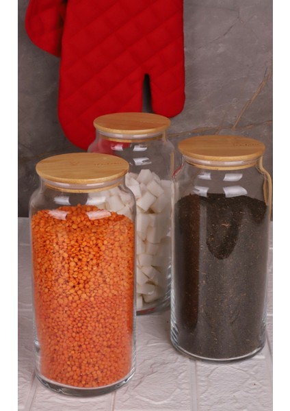 3'lü Cam Saklama Kabı Seti, 1300ML, Vakumlu Bambu Kapaklı, Beyaz