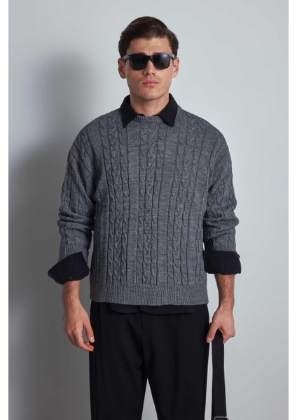 Erkek Oversize Örgü Desenli Triko Kazak Gri