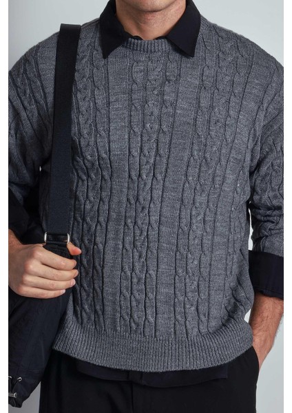 Erkek Oversize Örgü Desenli Triko Kazak Gri modelleri