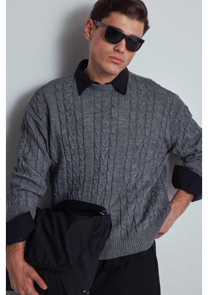 Erkek Oversize Örgü Desenli Triko Kazak Gri fırsatları