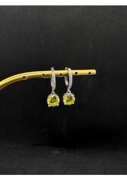 Açık Yeşil Yuvarlak Taşlı Halka Gümüş Küpe