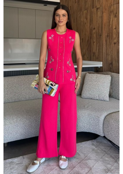 Kadın Taş Işlemeli Triko Pantolon Yelek Ikili Takım P-00018359