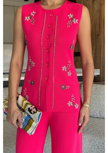 Kadın Taş Işlemeli Triko Pantolon Yelek Ikili Takım P-00018359 modelleri