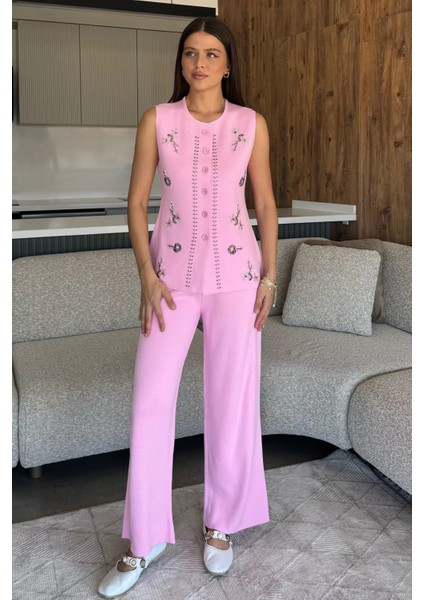 Kadın Taş Işlemeli Triko Pantolon Yelek Ikili Takım P-00018359