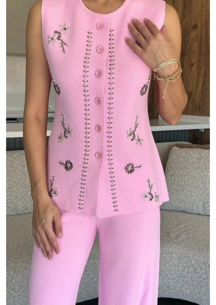 Kadın Taş Işlemeli Triko Pantolon Yelek Ikili Takım P-00018359 modelleri