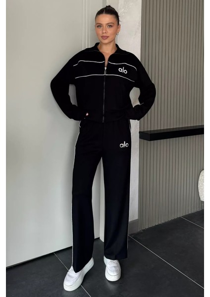 Kadın Şeritli Bel Lastikli Palazzo Pantolon Fermuarlı Sweat Ikili Takım P-00018397