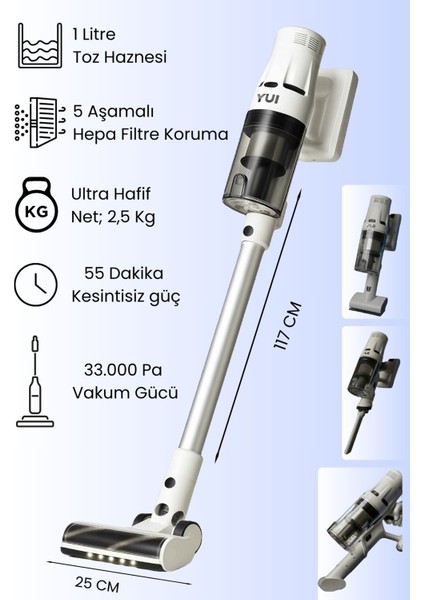 Kablosuz Dikey ve El Süpürgesi, 33.000 Pa, Beyaz, Hafif ve Kullanışlı