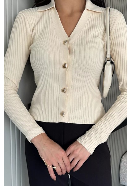 Kadın Polo Yaka Gold Düğmeli Triko Hırka (S-M-L Beden Uyumludur.) P-00018416