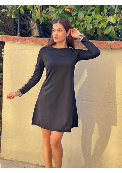 Kadın Uzun Kollu Bisiklet Yaka Kollar Leopar Detay Iki Iplik Mini Boy Elbise fiyatları