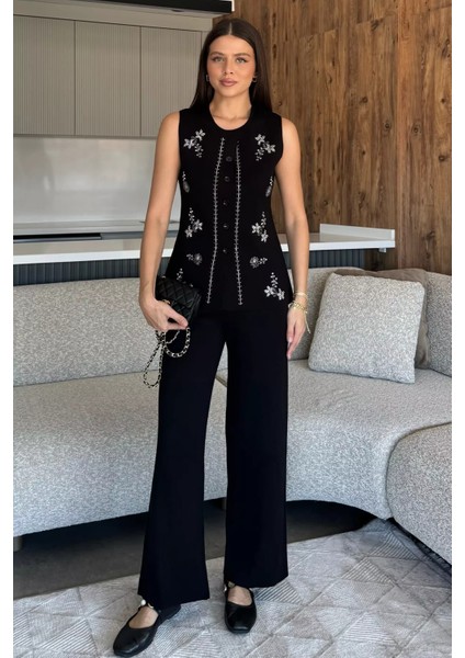 Kadın Taş Işlemeli Triko Pantolon Yelek Ikili Takım P-00018359