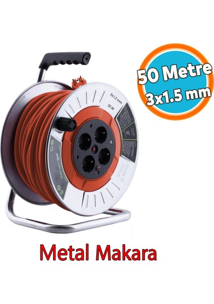 Metal Seyyar Makaralı Cca Kablo 4 Prizli Monofaze Uzatma Kablosu 3x1.5 mm Ttr Kablo 50 Metre