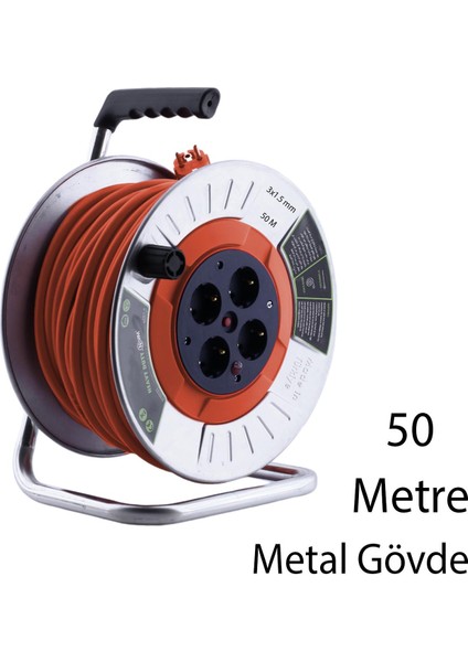 Metal Seyyar Makaralı Cca Kablo 4 Prizli Monofaze Uzatma Kablosu 3x1.5 mm Ttr Kablo 50 Metre fırsatları
