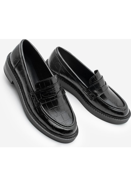 Kadın Loafer Günlük Klasik Ayakkabı Casual Makosen Fonle Siyah Croco