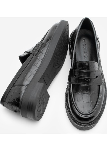 Kadın Loafer Günlük Klasik Ayakkabı Casual Makosen Fonle Siyah Croco