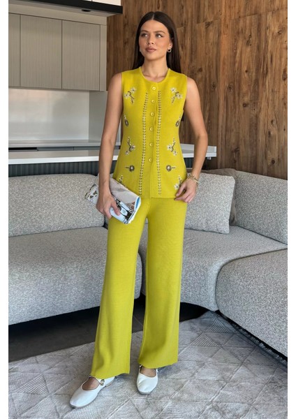Kadın Taş Işlemeli Triko Pantolon Yelek Ikili Takım P-00018359