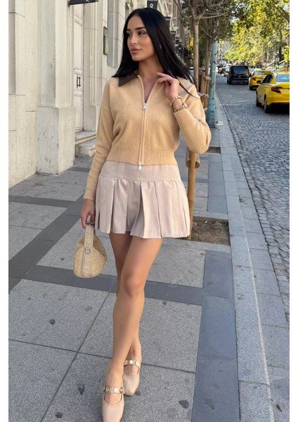 Kadın Polo Yaka Deri Garnili Fermuarlı Triko Hırka (S-M-L Beden Uyumludur.) P-00018055 fiyatları