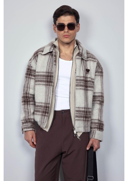 Erkek Oversize Fermuarlı Ekose Desenli Ceket Bej