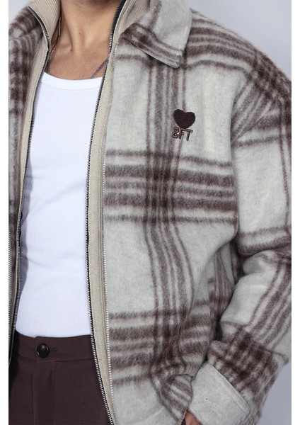 Erkek Oversize Fermuarlı Ekose Desenli Ceket Bej fiyatları