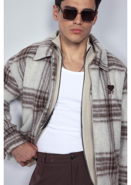 Erkek Oversize Fermuarlı Ekose Desenli Ceket Bej modelleri