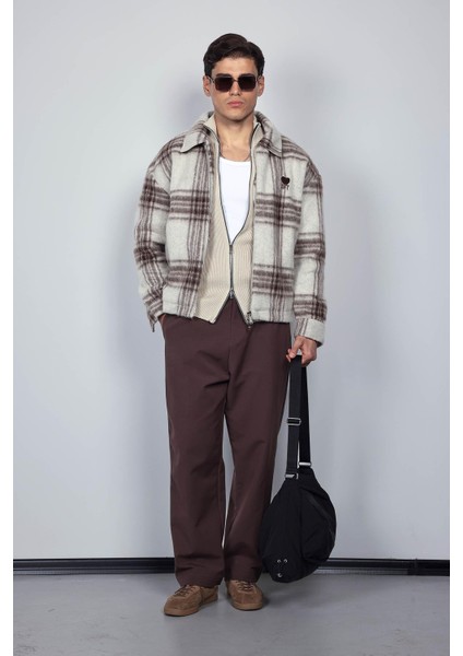 Erkek Oversize Fermuarlı Ekose Desenli Ceket Bej fırsatları