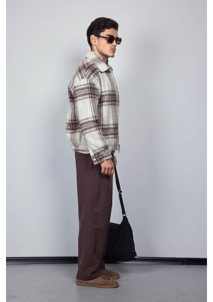 Erkek Oversize Fermuarlı Ekose Desenli Ceket Bej indirimleri