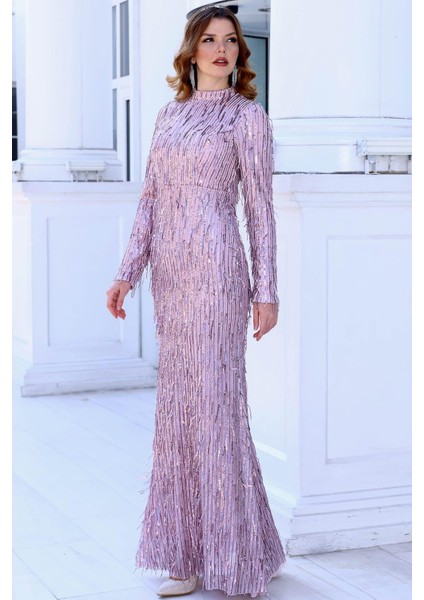 Işıltı Tesettür Abiye Lila