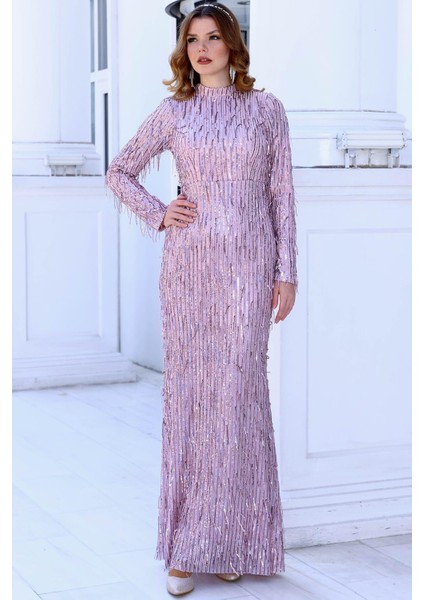 Işıltı Tesettür Abiye Lila modelleri