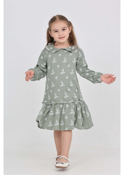 Kız Çocuk Çiçek Nakışlı Bebe Yaka Elbise