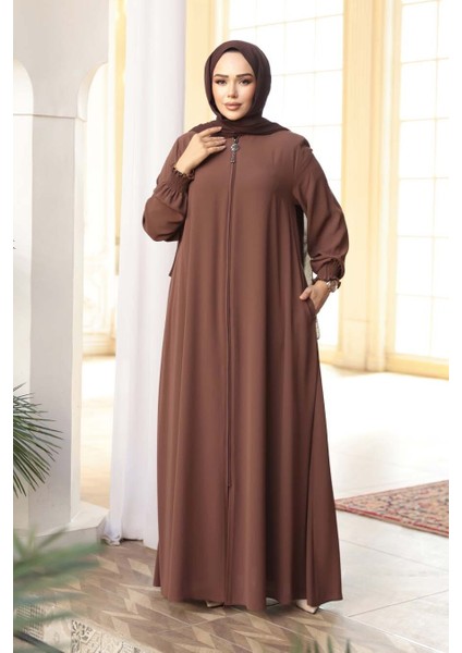 Fermuarlı Çikolatalı Tesettür Ferace 45287CK fiyatları