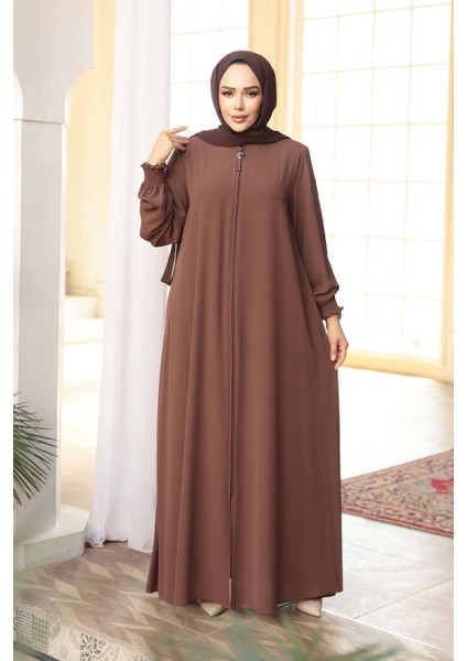 Fermuarlı Çikolatalı Tesettür Ferace 45287CK modelleri
