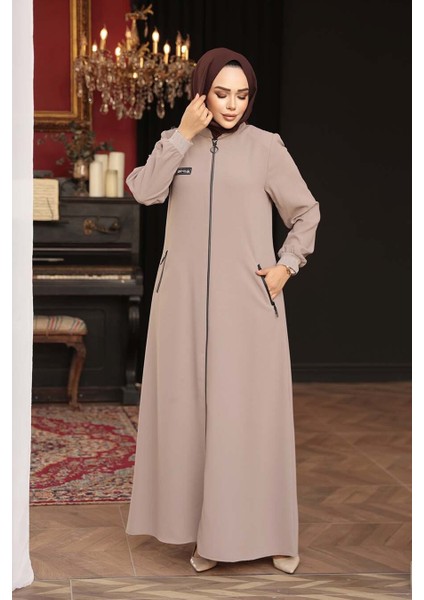 Fermuarlı Bej Tesettür Ferace 26371BEJ