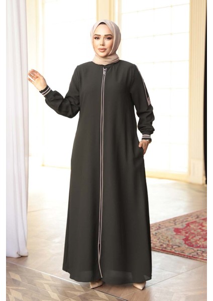 Fermuarlı Koyu Haki Tesettür Ferace 26381KHK