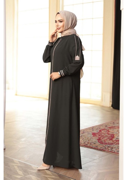 Fermuarlı Koyu Haki Tesettür Ferace 26381KHK modelleri