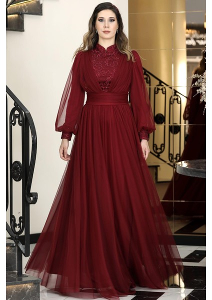 Seyran Tesettür Abiye Bordo modelleri