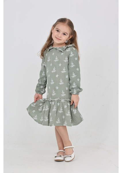 Kız Çocuk Çiçek Nakışlı Bebe Yaka Elbise modelleri