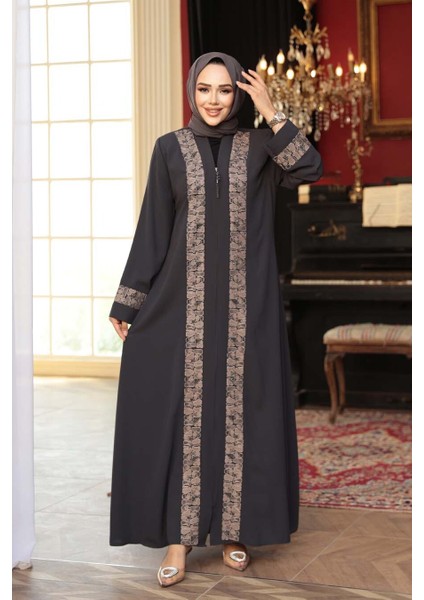 Desen Detaylı Petrol Yeşili Tesettür Ferace 29112PY