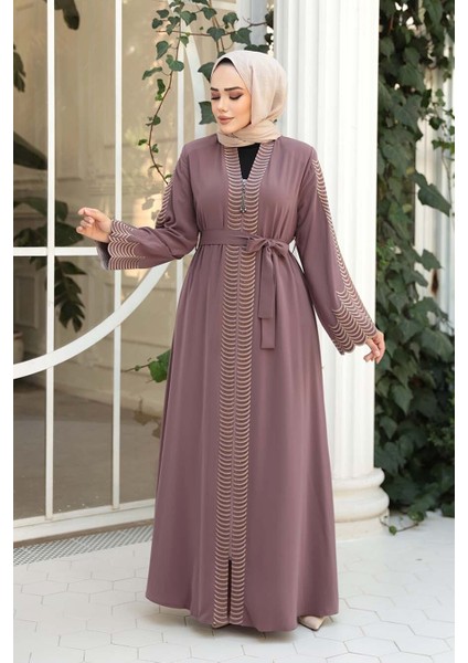 Nakış Işlemeli Gül Kurusu Tesettür Abaya 29114GK