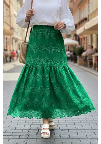 Güpürlü Zümrüt Yeşili Tesettür Etek 13951ZY fiyatları