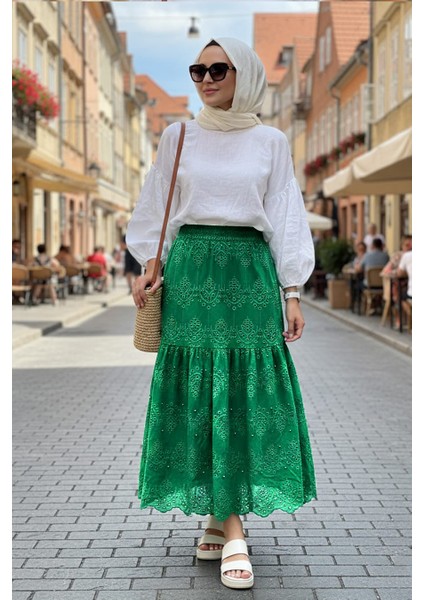 Güpürlü Zümrüt Yeşili Tesettür Etek 13951ZY modelleri