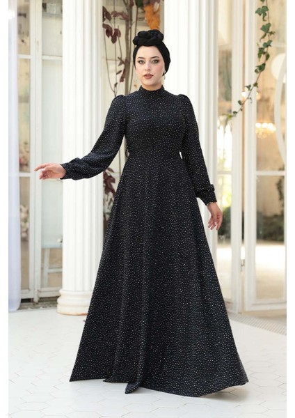 Taş Boncuk Işlemeli Koyu Lacivert Tesettür Elbise 23882KL