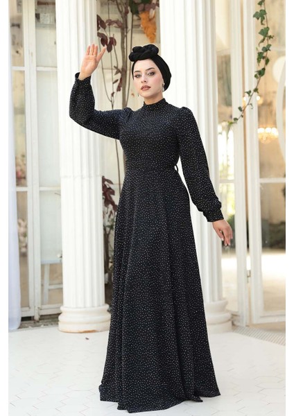 Taş Boncuk Işlemeli Koyu Lacivert Tesettür Elbise 23882KL fiyatları