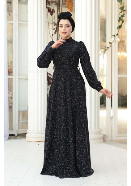 Taş Boncuk Işlemeli Koyu Lacivert Tesettür Elbise 23882KL modelleri