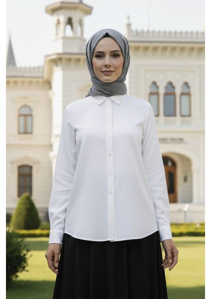 Düğmeli Ekru Tesettür Gömlek 52284E