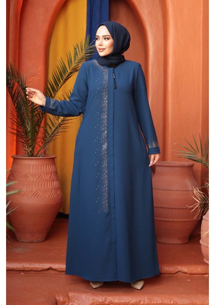 Boncuk Detaylı Indigo Mavisi Tesettür Abaya 26331IM