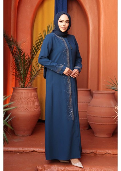 Boncuk Detaylı Indigo Mavisi Tesettür Abaya 26331IM fiyatları