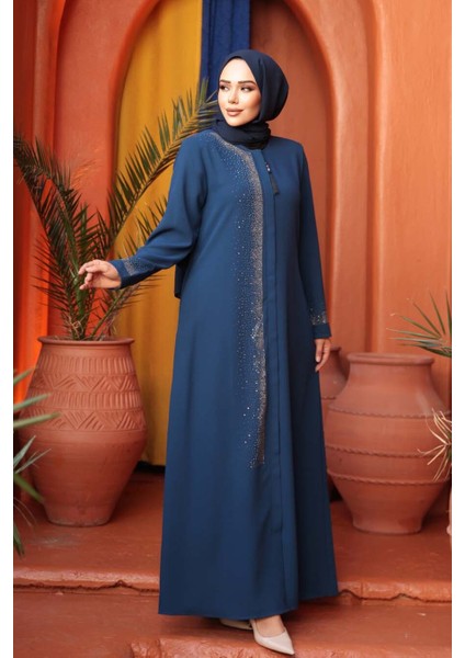 Boncuk Detaylı Indigo Mavisi Tesettür Abaya 26331IM modelleri